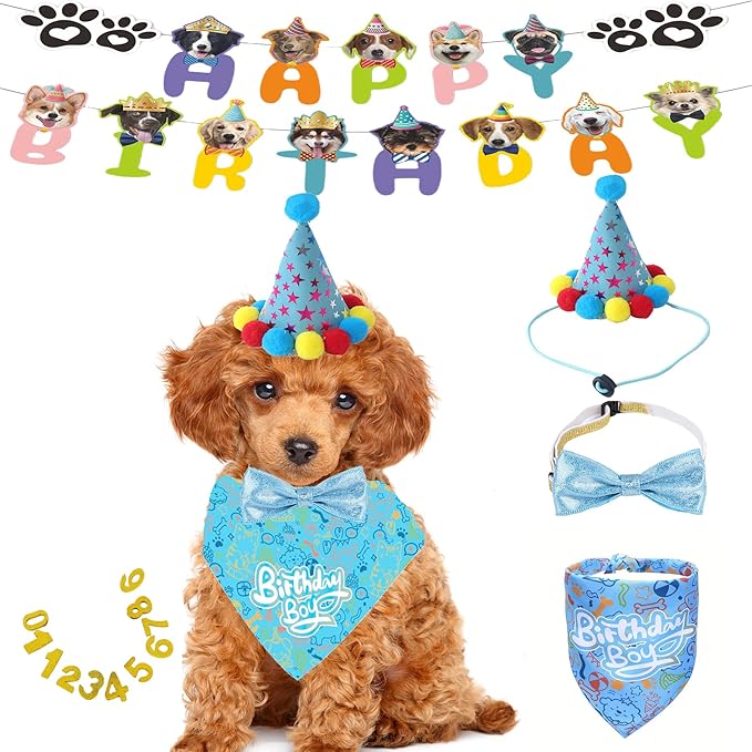 Happy Birthday Dog Party Supplies Kit - Dog Party Hat, Bandana, Bowtie & Happy Birthday Banner Decorations for Small Dogs, Puppy Birthday Outfit Accessories & Pet Birthday Party Decor (Blue)