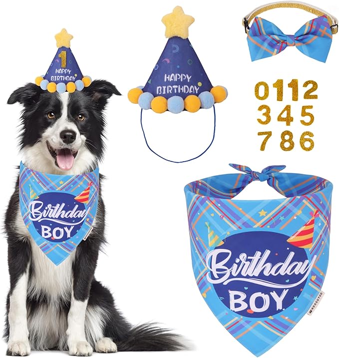 ADOGGYGO Dog Birthday Party Supplies, Blue Birthday Boy Bandana, Bowtie, Numbers, Party Hat for for Medium Large Dogs (Large)