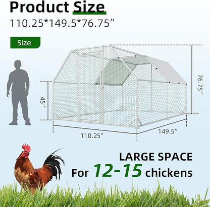 Large Metal Chicken Coop, Walk-in Chicken Run with Reinforced Wire Mesh, Water-Resistant & Anti-UV Cover, Poultry Cage for Hens, Ducks and Rabbits, Outdoor Backyard Farm Pen（9.2’Lx12.47’Wx6.4’H）