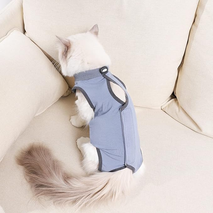 Cat Surgery Recovery Suit Cat Onesie for Cats After Surgery Spay Surgical Abdominal Wound Skin Diseases E-Collar Alternative Wear (Grey-Blue-S)