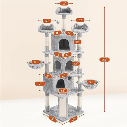 Yaheetech 76.5in Multi-Level Large Cat Tree, Big Cat Tower with 3 Condos, Cozy Plush Perches, 9 Sisal Scratching Posts and Ladder, Activity Center for Large Kitties, Light Gray
