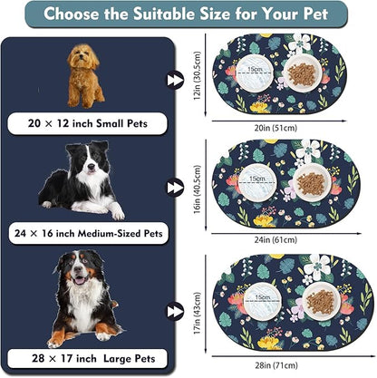 Large Absorbent Dog Mat for Food and Water 28''x17'', Easy Clean Cat Dog Water Bowl Mat, Non-Slip Pet Water Mat Protect Floor, Fit with Automatic Feeders and Double-Bowl, Dakr Blue Floral