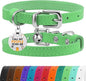 BRONZEDOG Leather Cat Collar with Removable Bells Non Breakaway Kitten QR Tag for Girl Boy (9" - 12" Cats/Mini Dogs, Green & Silver)