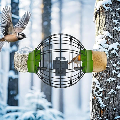 LONA Squirrel Proof Bird Feeding Cage for Outdoors - All-Weather Metal Caged Bird Feeders with Peanut Butter Jar Holder, Chew-Proof Feeding Cage for Small Birds (Round Cage, 2 Feeding Units)