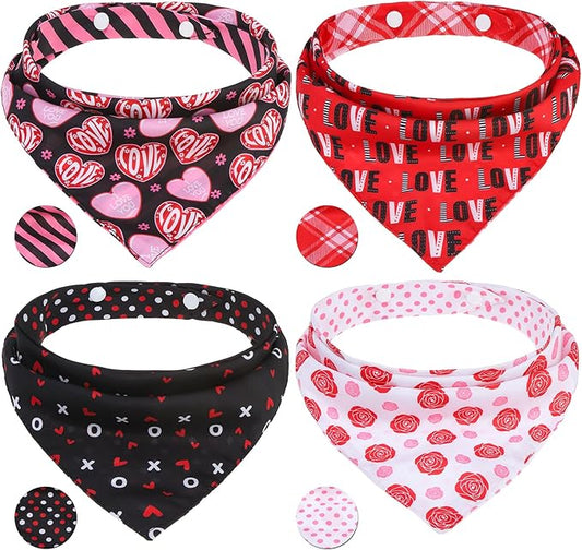PAWCHIE Valentine's Day Dog Bandanas 4 Pack, Reversible Dog Party Triangle Scarf Bibs,Pet Holiday Costume with Adjustable Snaps,Multiple Love-Themed Patterns for Medium Dogs Puppy,Cats Pets, S