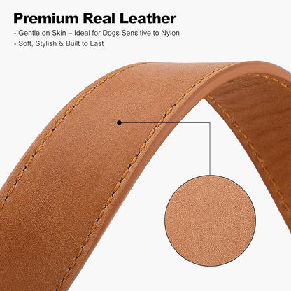 Plutus Pet Genuine Leather Dog Collar – Adjustable Pet Collar with Quick Release Metal Buckle, Soft Real Leather for Small Medium Large Dogs, Heavy Duty & Skin-Friendly (Light Brown, L)