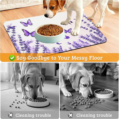 Pet Feeding Mat,Lavender Butterfly Absorbent Dog Cat Food Mat Purple Dog Mat with Rubber Backing,Non-Slip Water Bowl Placemat,Pet Supplies 16" x 24"
