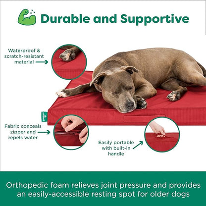 FurHaven Cooling Dog Bed – XL Foam Mattress for Joint Pain Relief, Waterproof Liner, Removable Washable Cover, Durable for Outdoor Use, Deluxe Grid Indoor/Outdoor Bed – Red, Jumbo