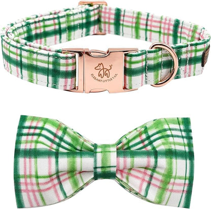 Elegant little tail Dog Collar with Bow - Pink with Green Plaid Boy or Girl Dog Collar Cute Bowtie Pet Collar Adjustable Dog Collar for Large Dogs