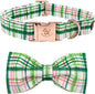 Elegant Little Tail Dog Collar with Bow - Pink with Green Plaid Cute Bowtie Adjustable Collar for Small Puppy