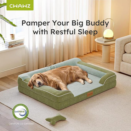 Jumbo Dog Bed for Extra Large Dogs, Orthopedic Dog Bed with Cooling Gel Memory Foam, Waterproof Pet Bed with Removable Washable Cover, 45" Pet Sofa Couch Dutch Velvet with Bone Toy, Dark Green