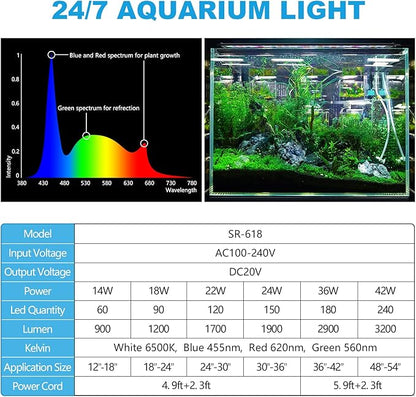SEAOURA 24/7 Mode Led Aquarium Light for Plants Growth-Full Spectrum Fish Tank Light with Timer, Auto On/Off, 7 Colors, Adjustable Brightness, for 12 to 18 Inch Freshwater Tank