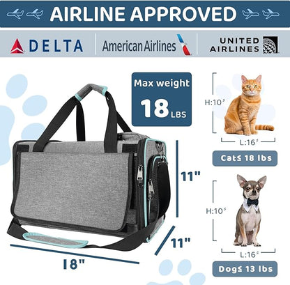 Soft-Sided Pet Carrier for Air Travel 18x11x11 Inch - Underseat Cabin Carry Bag for Small Cats & Dogs Under 15 lbs