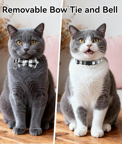 Joytale Upgraded Cat Collar with Bells, Breakaway Cat Collars with Bow Tie, 1 Pack Girl Boy Safety Plaid Kitten Collars, Black