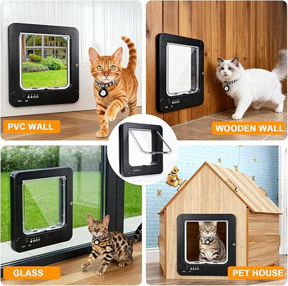 Smart Cat Door for Interior & Exterior, RFID Cat Pet Door with 3 Collar Sensor Keys & 1 Remote Control & 4 Way Locking Cat Flap with Collar Sensors Activated Opening CatDoor (Black)