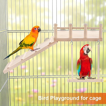 Wooden Bird Habitat Platform with Swing and Ladder - Sturdy Long Tailed Parrot cage Accessory, Suitable for Exercising and Entertaining Bird Games Gym - Perfect for Parrots, Canaries, Sparrows