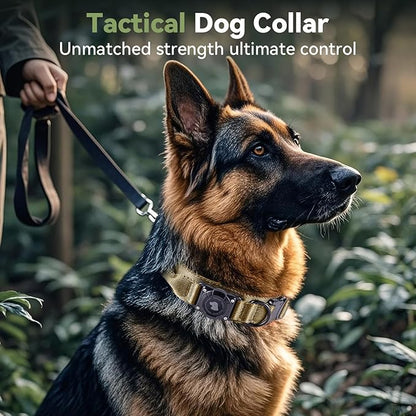 2025 Upgrade Waterproof AirTag Dog Collar, Military Tactical Dog Collar with AirTag Holder, Comfortable Control Handle and Metal Buckle, GPS Dog Collar Holder for Medium to Large Dogs (Khaki,X L)