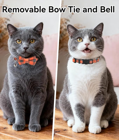 Joytale Upgraded Cat Collar with Bells, Breakaway Cat Collars with Bow Tie, 1 Pack Girl Boy Safety Plaid Kitten Collars, Orange