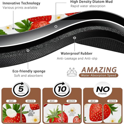 Cute Strawberry Flower Dog Cat Food Mat,Absorbent Pet Feeding Mat with Rubber Backing,Non-Slip Water Bowl Placemat,Indoor Pet Accessories Supplies 12"x20"