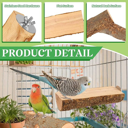 2PCS Natural Wood Bird Perch Platform for Cage - Parrot Perch Stand for Conures, Cockatiels, Budgies, Lovebirds, Parrotlets, Small Bird Cage Accessories & Wooden Perches for Small Parrots