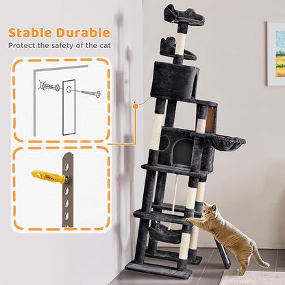 Yaheetech Cat Tree, 82.5in Extra Large Tower w/Cute Perches, Cozy Condo, 8 Scratching Posts, Basket, Multi Level Cat Tree for Indoor Cats, Black