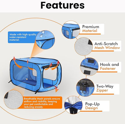 Beatrice Home Fashions Portable, Collapsible, Pop Up Kennel Travel Cat and Dog Crate, 36" L x 22" W x 22" H, Blue