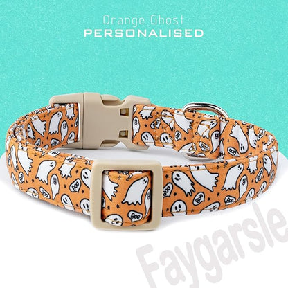 Faygarsle Halloween Ghost Pattern Dog Collar with Charm, Orange and White,for Small Medium Large Dogs XS