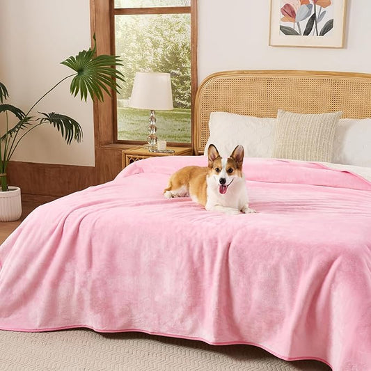 Sunheir Waterproof Blanket for Twin Size Bed - 80"x60" Soft Reversible Sherpa Fleece Flannel Dog Blankets for Large Dogs, Pet Blanket for Bed, Couch, Soft Plush Furniture Protector, Pink