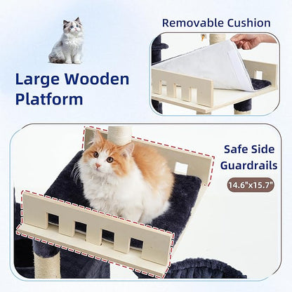 Cat Tree for Indoor Cats Large Adult, Heavy Duty Cat Tree for Large Cats 20 lbs+, Cat Condo with Big Wooden Perch, Cat Tower with 14 Scratching Posts, Hammock, Smoky Gray GCT023G