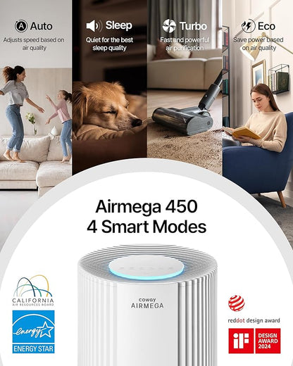 COWAY Air Purifier for Large Room Whole Home Up to 3,285 ft², HEPA Filter for Smoke, Allergen, Pet Dander, Odor, PM(1, 2.5, 10), AQI, Turbo Eco Mode, Energy Star, 3yr Warranty, Airmega 450 Beige