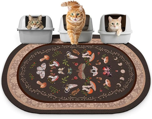 Bienbee Cat Litter Mat, 40" x 30" Jumbo Size Litter Box Mat Rug with Non-Slip Bottom, Urine and Water Proof, Easy to Clean Cat Supplies Essentials for Indoor Kitty Kitten Floor,Brown Mushrooms XL