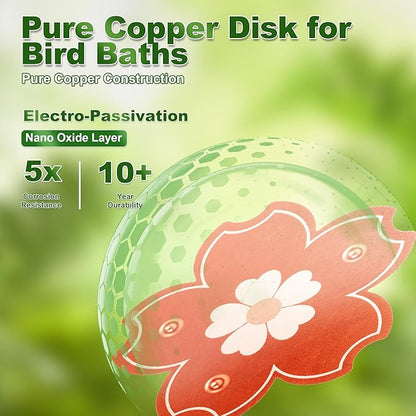 Bird Bath Purification Disk, 99.99% Pure Copper Disc for Bird Bath with Triple-Point Support Design 0.6mm Reinforced Metal Cleaner Safe for Outside Bowls Physical Water Cleaning All-Season Use