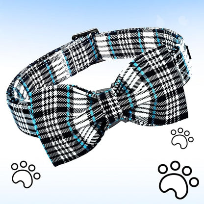 Lionheart glory Dog Bow Collar Blue and Black Plaid Dog Collar for Medium Dogs,Boy Dog Collars with Bowtie Spring Summer Collars Soft Adjustable Pet Collar Bows