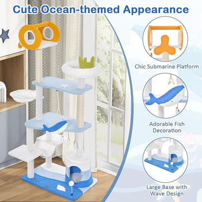 Tangkula Ocean-Themed Cat Tree, 3-Level Cat Tower with Sisal Scratching Posts, Condo, Perch, Hammock, Dangling Toys, Spring Ball, Sisal Rope, Cute Cat Activity Center for Indoor Cats (66 Inch)