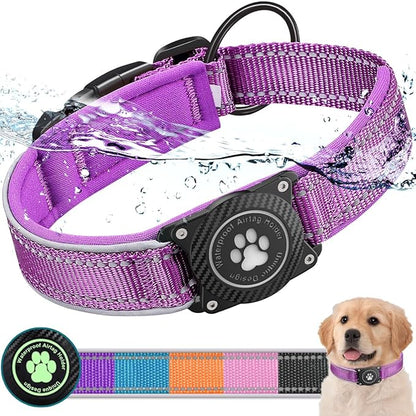 Airtag Dog Collar with Waterproof Air Tag Holder, Luminous Reflective, Soft Padded, Adjustable Nylon Pet Collar for Small Medium Large Heavy Duty Dogs,Purple, XL