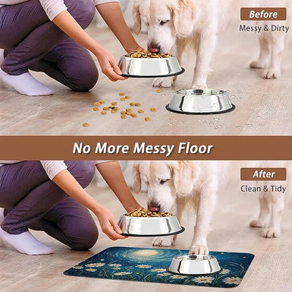 Starry Night Pet Feeding Mat,Moon Daisy Flower Absorbent Quick-Dry Cat Dog Food and Water Bowl Mats,Non-Slip Rubber Backing Mat,Cat Dog Accessories Supplies 16"x24"