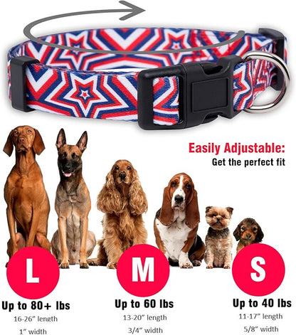 Native Pup American Flag Dog Collar- Red White and Blue- Patriotic Collars for 4th of July, USA- Adjustable Small, Medium, Large Breed Dogs (Large, Big Stars)