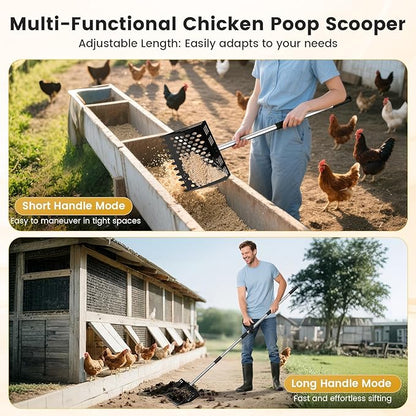 Chicken Poop Scooper and Rake, 2-in-1 Metal Sand Sifting Shovel with 24-68 Inch Adjustable Stainless Steel Handle, Cleaning Tools for Outdoor Chicken Coops, Farm Animals House