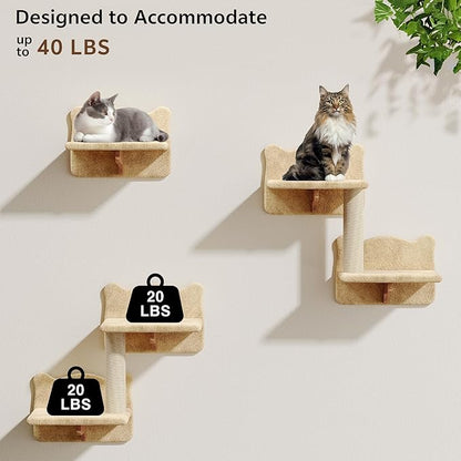 9-in-1 Cat Wall Shelves, Wall Mounted Cats Furniture Set with Plush Fabric, Cat Climbing Wall Systems, Cats Shelf Furniture with Condos, House, Steps, Bridge Ladder, Scratching Post, Beige
