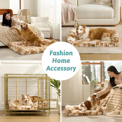 Cute Dog Bed for Extra Large Dogs, Faux Rabbit Fur Orthopedic Dog Bed with Sides, Removable Washable Cover & Waterproof Lining, Comfortable Pet Couch, Tie-Dye Brown (48" L x 35" W x 7.5" Th)