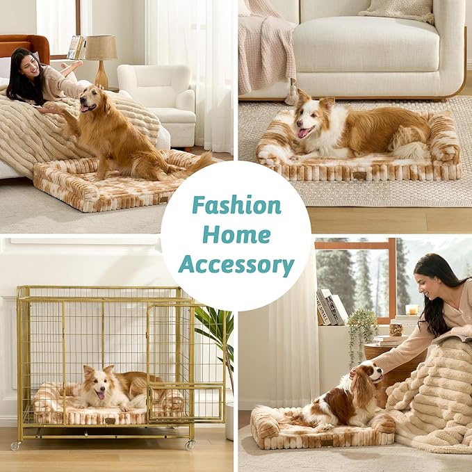 Cute Dog Bed for Large Dogs, Faux Rabbit Fur Orthopedic Foam Dog Bed with Sides, Removable Washable Cover & Waterproof Lining, Comfortable Pet Couch, Tie-Dye Brown (44" L x 32" W x 7" Th)