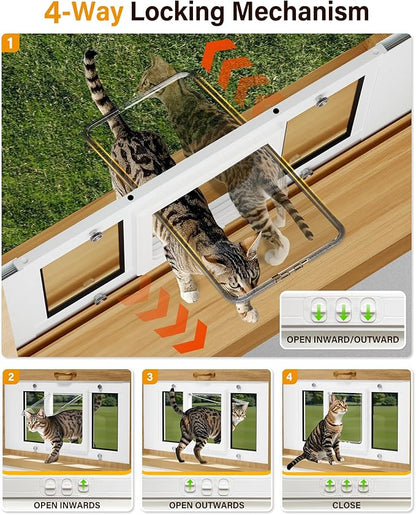 Cat Door for Window Weatherproof: Aluminum Frame Flap Pet Door Quick Fit Window Insert - Easy Adjustable to Fit Windows Width 23"-28" - 4 Secure Lock Modes with Magnetic Closure for Cats Doggy