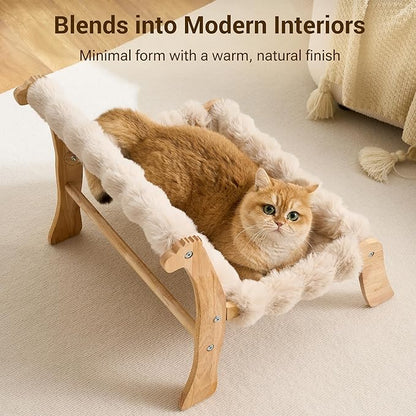 Solid Wood Cat Couch Bed for Indoor Cats, Modern Cat Sofa with Ultra-Soft Plush Surface Washable, Reclined Backrest, Elevated Plush Cat Lounge for Small to Adult Cats, Soft Khaki