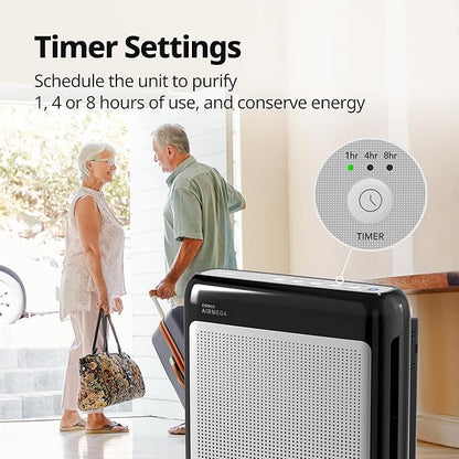 COWAY Air Purifiers for Home Up to 1,748 ft², HEPA Filter for Smoke, Allergies, Pet Dander, Odor, Air Quality Monitor, Auto & Eco Mode, Timer, Filter Indicator, 3yr Warranty, Airmega 200M Black