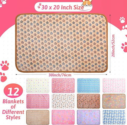 Tatuo 12 Pieces Puppy Blanket Warm Dog Cat Sleep Mat Pet Kitten Doggy Fleece Blankets with Cute Dog Paw Bone Star Elephant Patterns Printed Fluffy Blanket for Small Cat Puppy (30 x 20 Inch)