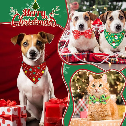 Sanwuta 50 Pcs Christmas Dog Bandanas and Collar Bow Ties Set 25 Bandanas Bulk 25 Xmas Charm Dog Collar Pet Triangle Pet Scarf Bowtie for Small Medium Large Holiday Costume