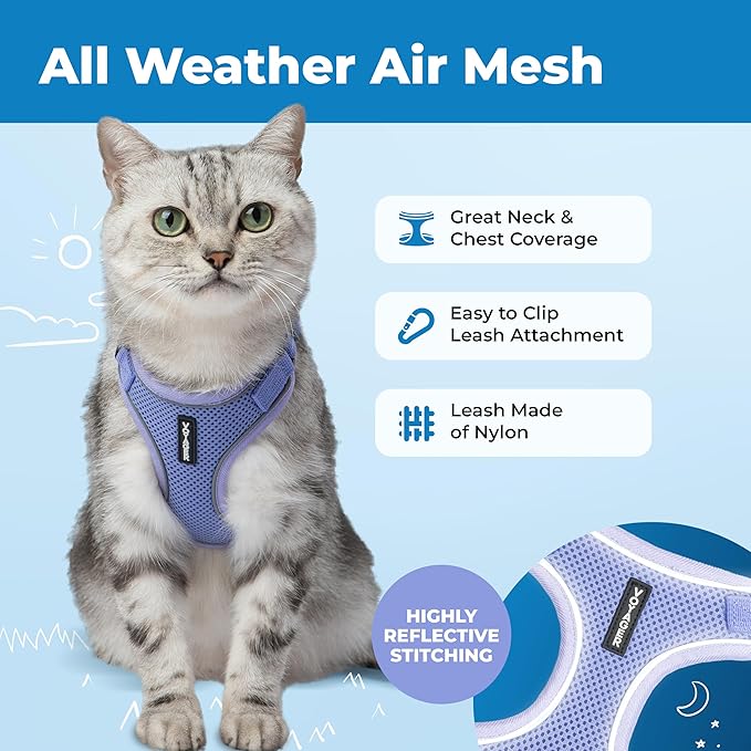 Voyager Escape-Proof Step-in Lock Cat Harness & 5ft Neoprene-Handle Leash Set All-Weather Mesh with Reflective Stitching for Small to Large Cats by Best Pet Supplies, Lavender (327), XXS