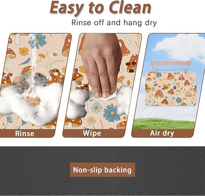 Cute Mushroom Flower Dog Cat Food Mat,Absorbent Pet Feeding Mat with Rubber Backing,Non-Slip Water Bowl Placemat,Indoor Pet Accessories Supplies 12"x20"