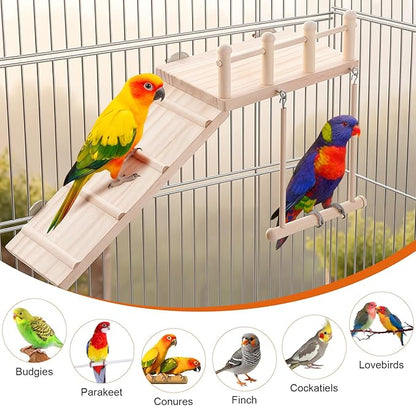 Wooden Bird Habitat Platform with Swing and Ladder - Sturdy Long Tailed Parrot cage Accessory, Suitable for Exercising and Entertaining Bird Games Gym - Perfect for Parrots, Canaries, Sparrows