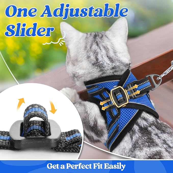rabbitgoo Cat Harness and Leash Set for Walking Escape Proof, Adjustable Soft Kittens Vest with Reflective Strip for Cats, Comfortable Outdoor Vest,Blue,L